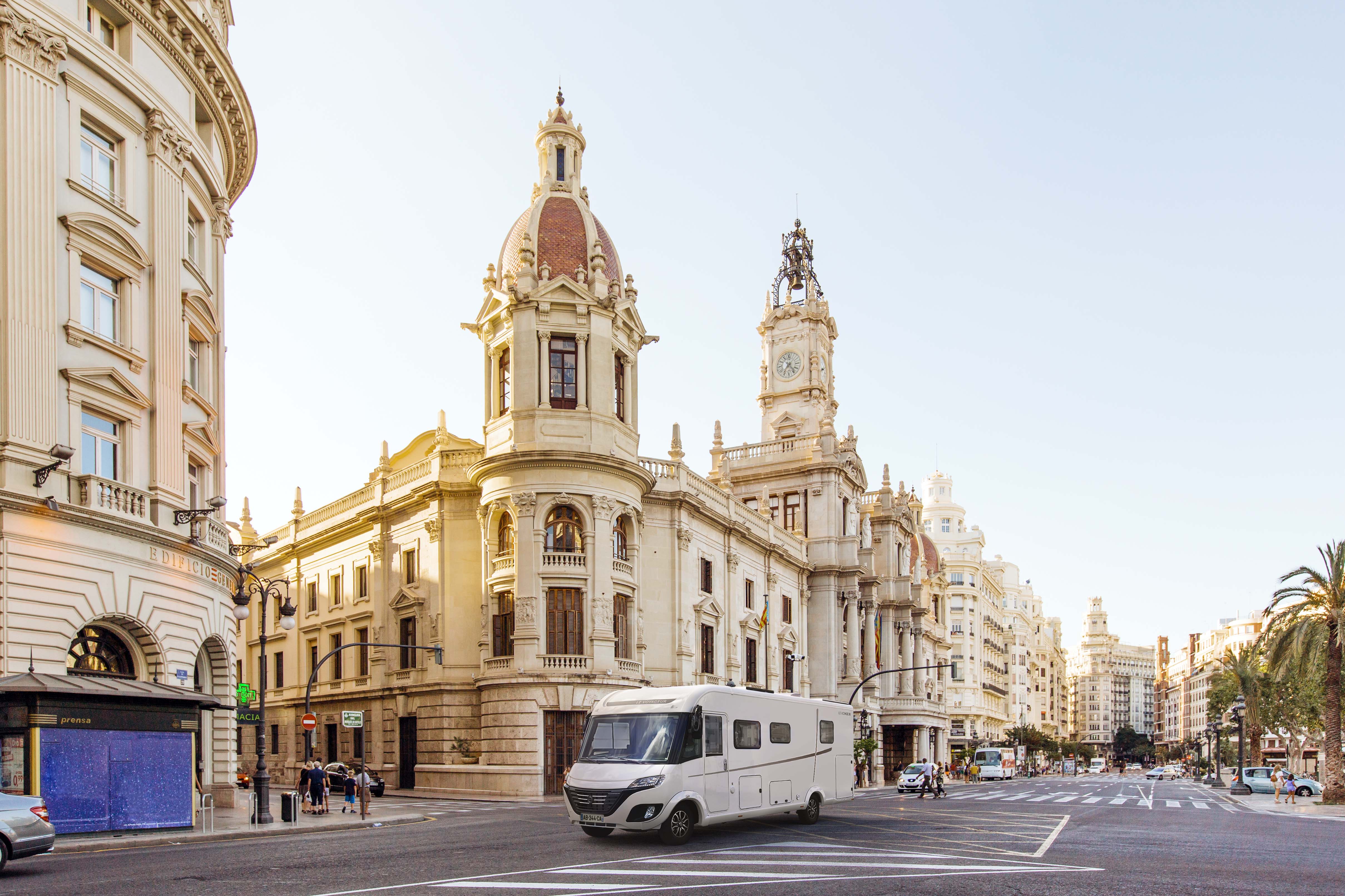 City street with view towards City Hall, Plaza del Ayuntamiento, Valencia, Spain